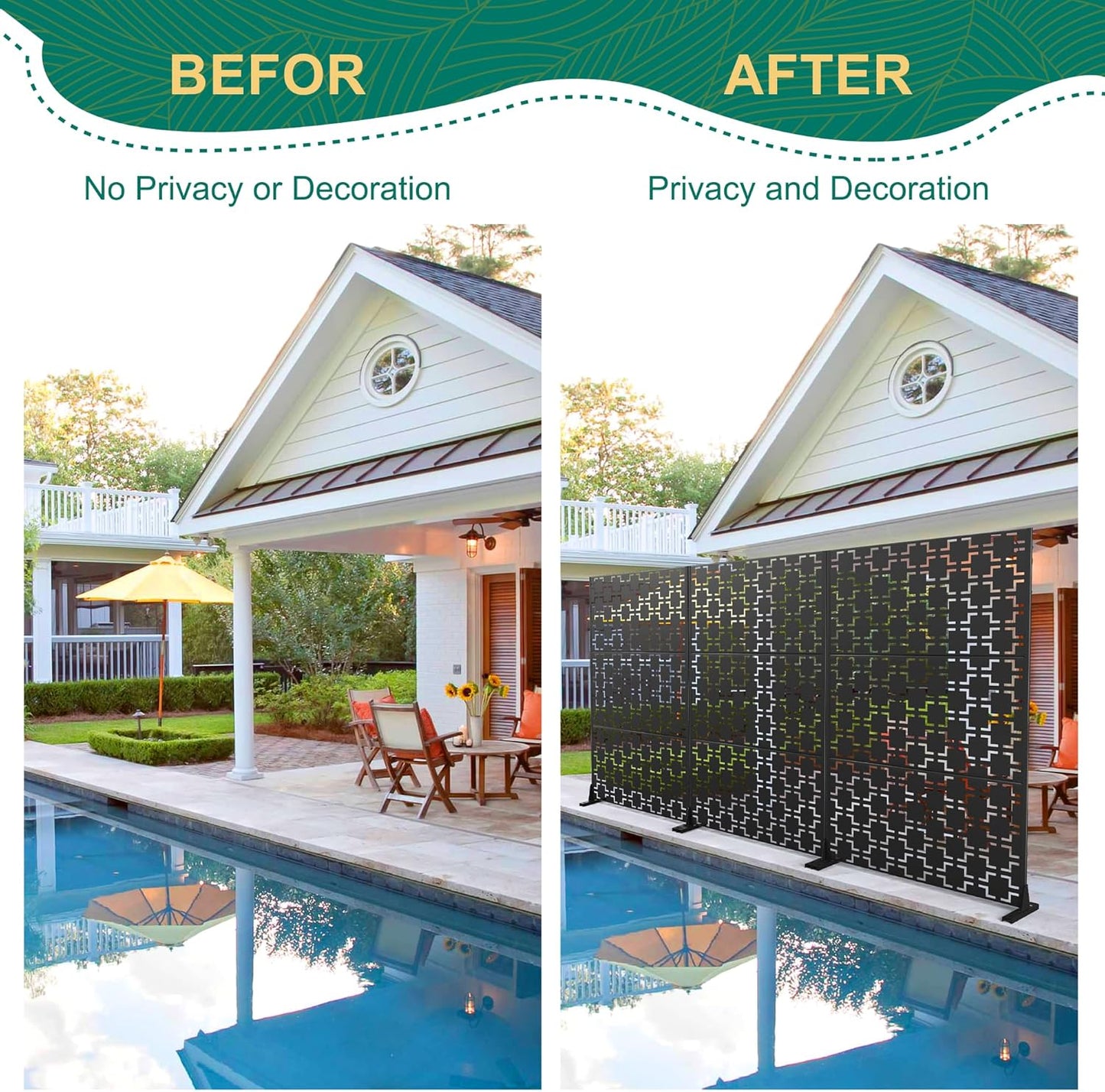 72" H×47" W Metal Privacy Screen Outdoor Privacy Screen Freestanding, Outdoor Privacy Screens and Panels for Patio Lawn Deck, Outdoor Privacy Panels Decorative Privacy Fence(Consists of 3 Panels)