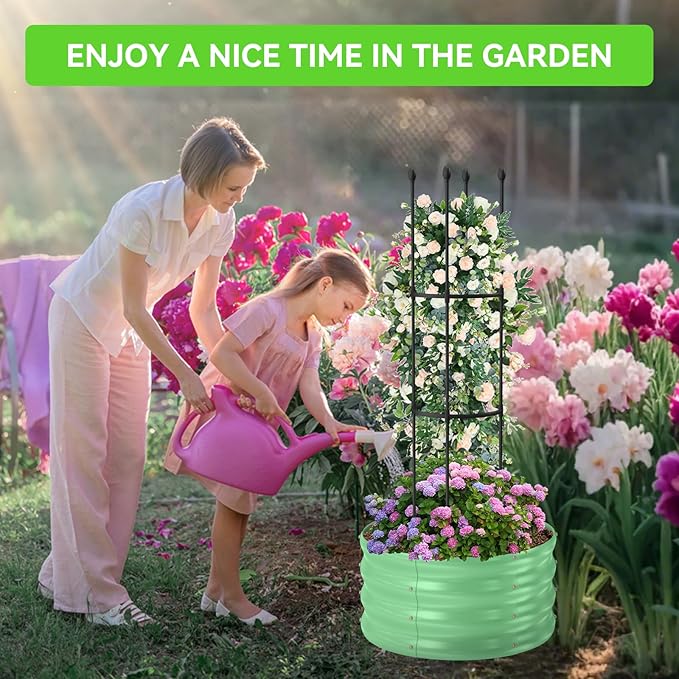 1 Pack Raised Garden Beds Outdoor, Galvanized Metal Raised Garden Bed with Trellis, 23.6x23.6x60in Tomato Cages for Garden Planters Box with Trellis for Climbing Plants Vegetable Vine Flowers