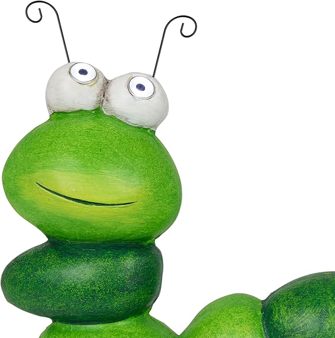 Alpine Corporation YEN608SLR Caterpillar Statue with Light Up Eyes, Solar Powered LED Caterpillar Garden Statue, 16" H, Green