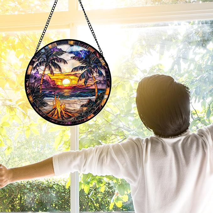 Stained Glass Window Hanging,Bonfire Beach Landscape Suncatcher Diamond Glass Panel Sun Catchers Decor for Birthday for Women, Men, Wife, Aunt, and Mom 11.8x11.8 in
