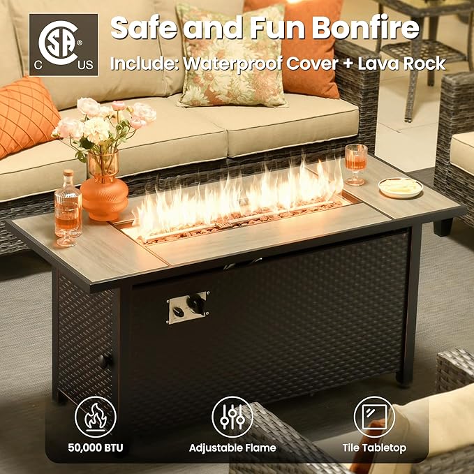 ovios 8 Pieces Patio Furniture Set with 54" Fire Pit Table, Outdoor Wicker Sofa with Comfy Cushions, All Weather High Back Rattan Couch Conversation Set, Beige