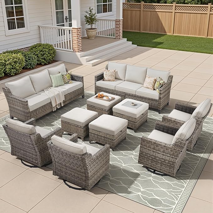 10 Piece Patio Furniture Set-High Back Outdoor Furniture Set Sectional Sofa with Wicker Swivel Patio Chairs,Comfy Cushions Ottomans for Porch Balcony Patio Deck Grey/Beige
