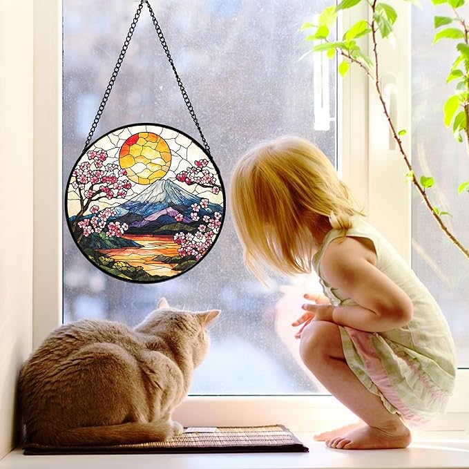 Stained Glass Window Hanging, Sun Blooming Cherry Blossoms Suncatcher Diamond Glass Panel Sun Catchers Decor for Birthday for Women, Men, Wife, Aunt, and Mom 6.3 in