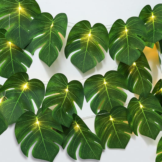 RECUTMS 2 Pack Artificial Tropical Palm Leaves String Lights, Large Size 20 LED Monstera Green Leaf Hanging Vine Greenery,Indoor Hawaiian Luau Jungle Beach Safari Baby Shower Party Spring Summer Decor