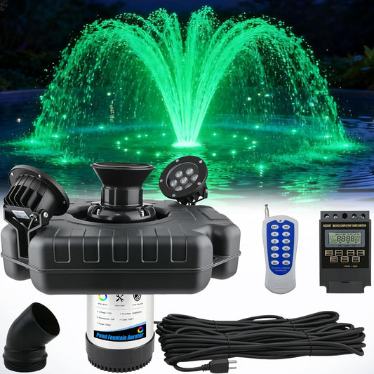 Pond Fountain Aerator with Lights RGB LED, 1HP 750W Floating Fountain System for Outdoor Lake Pond, 110V 15000 GPH Fully Automatic Stainless Steel Fountain Pump with 2 LED Lights 100 Feet Power Cord
