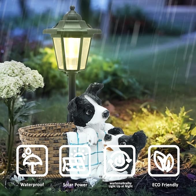 Solar Garden Outdoor Decor Statues Border Collies Resting in Basket with Light,Outside-Outdoor Decorations Sculptures for Patio Yard Lawn Walkway Ornaments Clearance Gifts for Mom Grandma Birthday