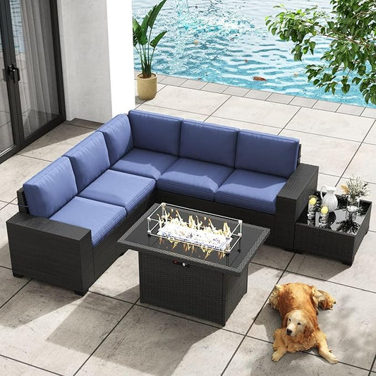 Patio Furniture Set with Fire Pit Table, 7 Pieces Outdoor All-Weather Wicker Conversation Sectional Chair Sofa Set