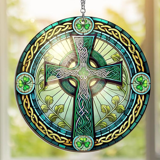 St Patricks Day Decorations - Irish Gifts for Men Women Friends Family, St Patricks Day Accessories, Celtic Cross Home Decor - Double Layered Hanging Suncatcher 12 in