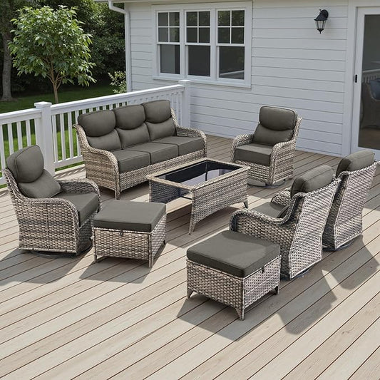 Rilyson Wicker Outdoor Patio Furniture Set - 8 Piece Patio Conversation Sets with Swivel Rocker Chairs, Ottomans, Sofa and Coffee Table, 6 inch Cushions, Deep Seating, for Porch Deck Mixed Grey/Grey