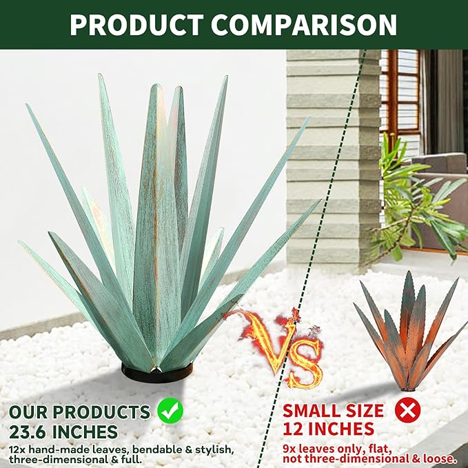 Large Tequila Rustic Sculpture, Rustic Metal Agave Plants for Outdoor Patio Yard, Home Decor Hand Painted Metal Agave Garden Yard Statue, Outdoor Lawn Ornaments (Sky Blue - L(W/Solar Light))