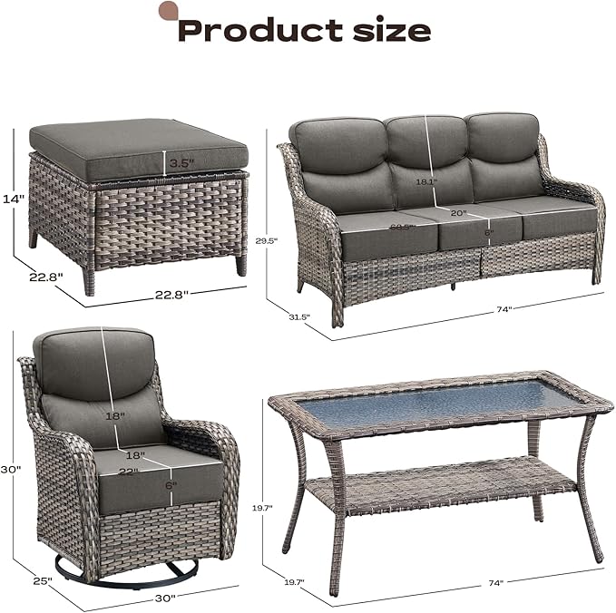 Rilyson Wicker Outdoor Patio Furniture Set - 6 Piece Patio Conversation Sets with Swivel Rocker Chairs, Ottomans, Sofa and Table, 6 inch Cushions, Deep Seating, for Porch Deck Mixed Grey/Grey