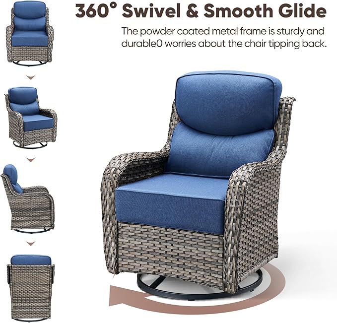Swivel Patio Chairs sofa Set of 6 - 6" Thick Cushion - Wicker Outdoor Swivel Rocker Patio Chair ,Sofa/Glass coffee table, High Back Comfortable Outdoor Glider Chairs - Grey Wicker | Blue Cushions