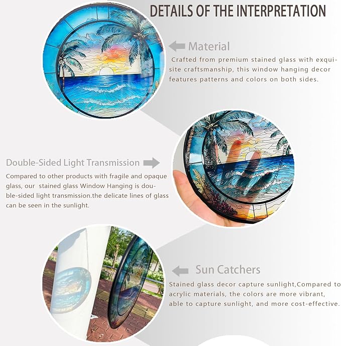 RIVEENY Blue Ocean Sunset Glass Window Hanging Decor,8" Stained Glass Sun Catcher Hanging Decoration with Metal Chain-Sun Catchers for Window Decor Outdoor Garden Decor Gift (Oceans)