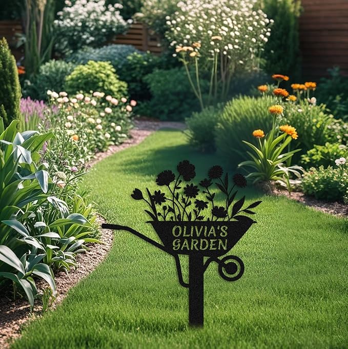 Personalized Metal Flower Garden Sign with Stake,Garden Cart Metal Art,Black Decor for Outdoor,Patio Yard Decor,Gifts for Gardeners style 13