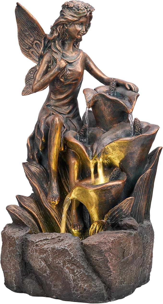 TERESA'S COLLECTIONS Water Fountain Outdoor Fairy Garden Statues with LED Lights and Pump, Large Floor Waterfall Backyard Water Fountains Porch Living Room Home Decor, Housewarming Gifts for Mom 19.3"