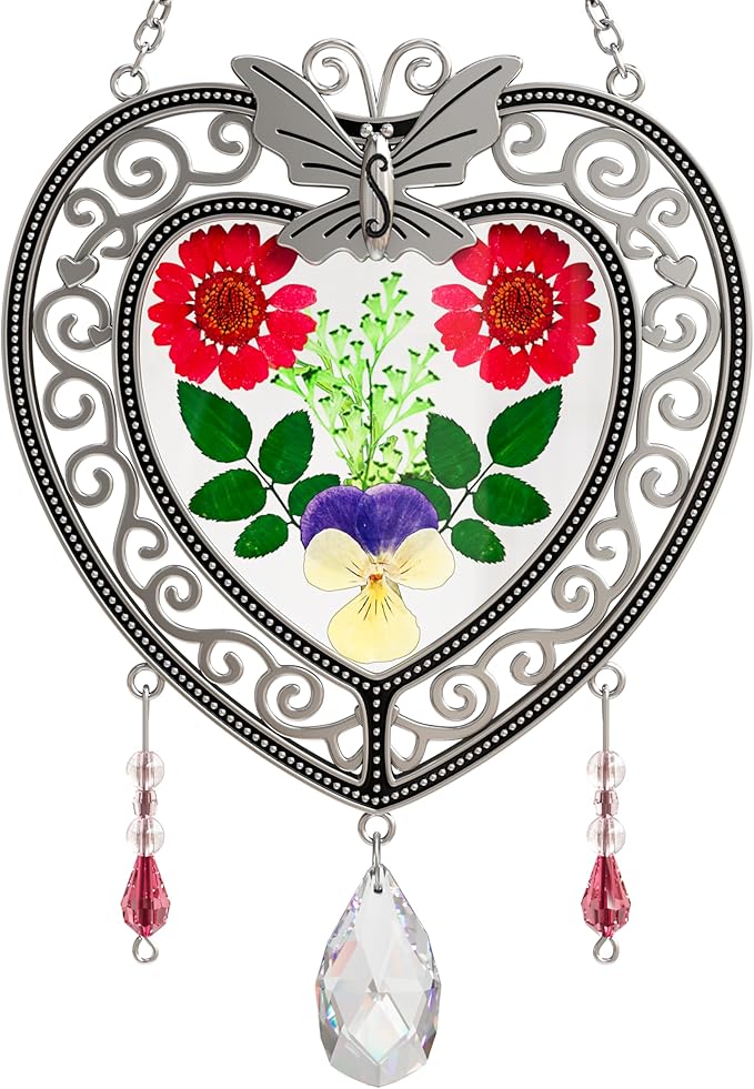 KY&BOSAM Heart Suncatcher Crystal Tree of Life Stained Glass Panles Real Flower Hangings for Windows Home Garden Outside Wind Chime Decor Birthday Gifts for Women Mother`s Day Christmas Ornament
