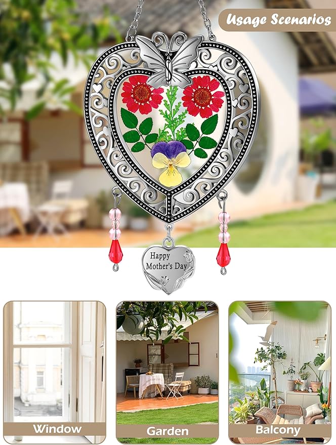 KY&BOSAM Suncatcher Happy Mother’s Day Stained Glass Tree of Life Heart Gifts Garden Ornament Wind Chimes for Windows Pressed Flower Between Heart in Glass Metal Engraved Charm as