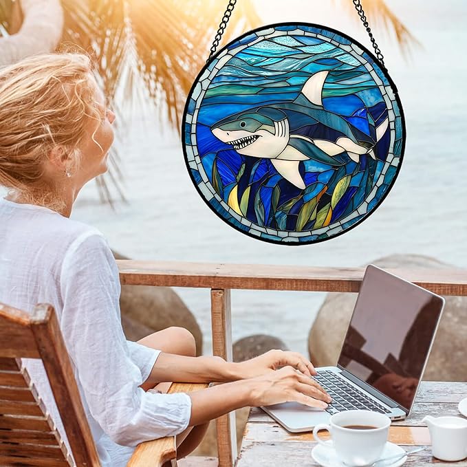 Stained Glass Suncatcher, Blue Ocean Big Shark Sun Catcher Waterweed Stain Glass Window Hanging Decoration Mother's Day Birthday Gifts for Women Men Mom Nana 11.8 in