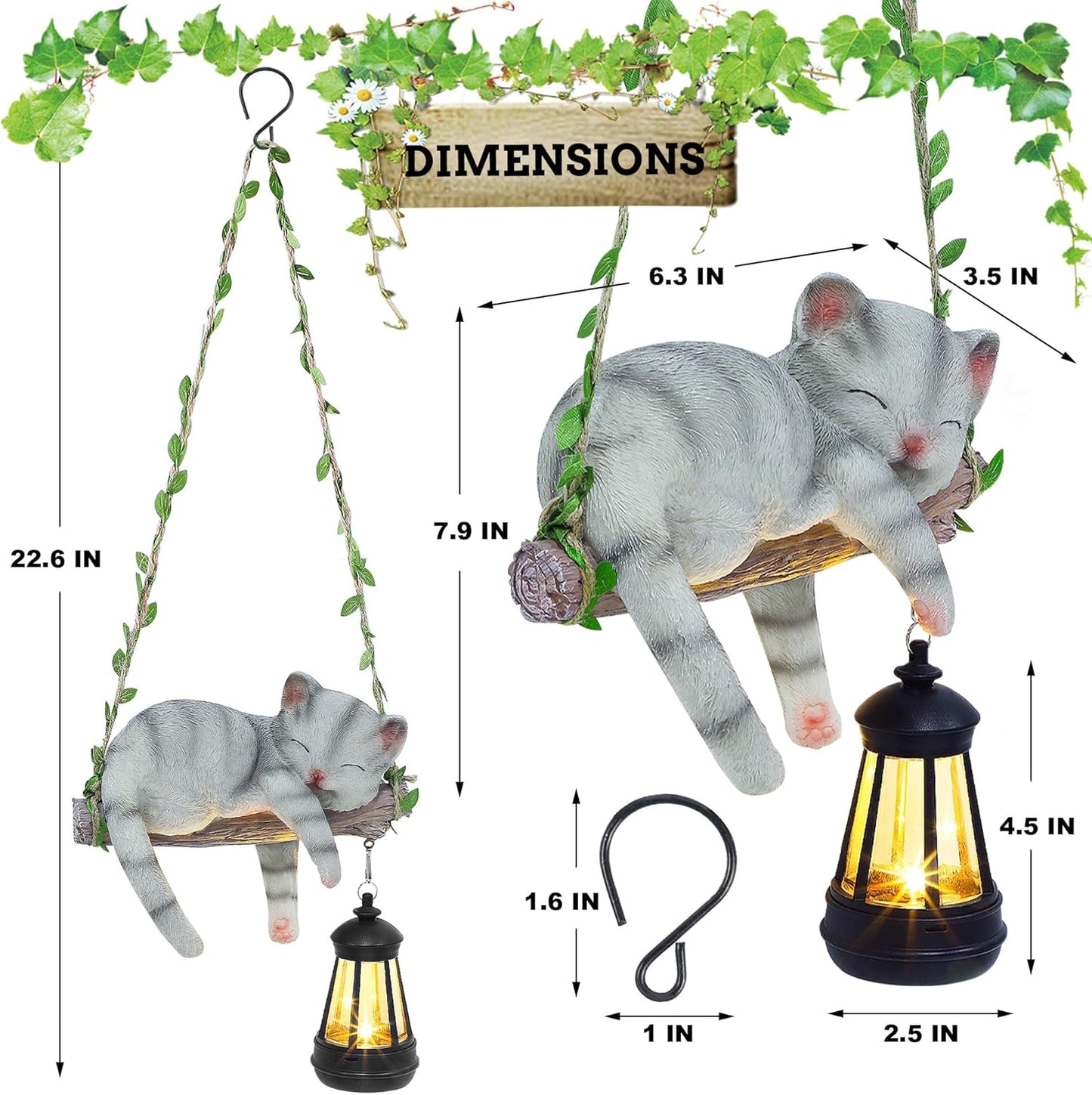 Solar Lighted Garden Outdoor Statue, 22.6" H Hanging Swing Lying with A Sleeping Cat and A LED Lantern, Resin Animal Figurine Hanging Ornaments with Hook for Decoration & Gift
