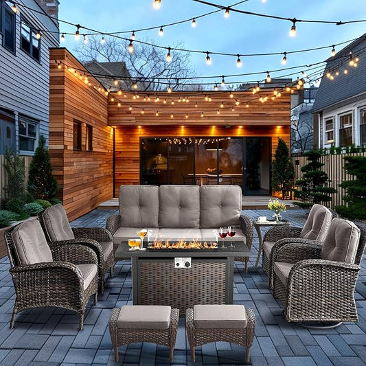 HUMMUH 9 Piece Patio Furniture Set with Fire Pit Table,Wicker Patio Swivel Rocker Outdoor Chairs 3-Seat Sofa with Ottomans for Backyard,Poolside,Deck