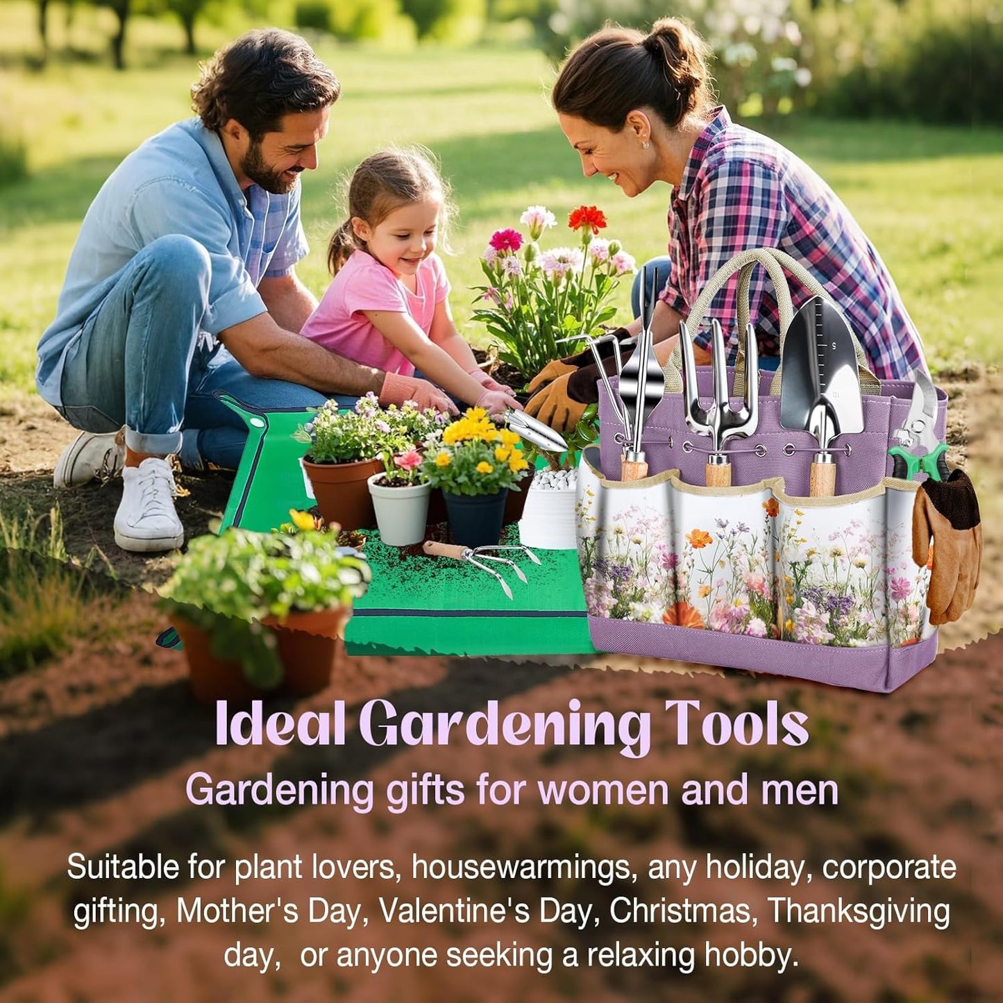 Gardening Tools Set 9-Piece Heavy-Duty Gardening Gifts for Women Mom Wife Gardening Hand Tools with Purple Floral Tote Bag and Repotting Mat, halilus Stainless Steel Garden Supplies Kit