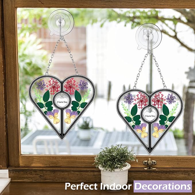 KY&BOSAM Heart Suncatcher I Love You Glass Panels for Window Hangings Wind Chime with Pressed Flower Heart Embedded in Glass Mom Gifts Birthday Gifts for Women Mother`s Day Valentine`s Christmas Decor
