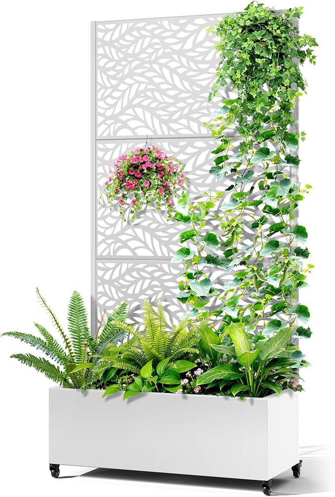Metal Raised Garden Bed with Trellis, 2-in-1 Planter Box & Privacy Screen for Climbing Plants, Outdoor Standing Flower Bed with Drainage Holes, 35.4" L x 15.7" W x 70.1" H, White-Spring