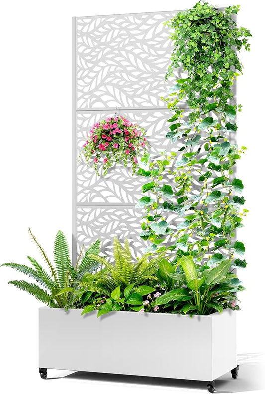 Metal Raised Garden Bed with Trellis, 2-in-1 Planter Box & Privacy Screen for Climbing Plants, Outdoor Standing Flower Bed with Drainage Holes, 35.4" L x 15.7" W x 70.1" H, White-Spring