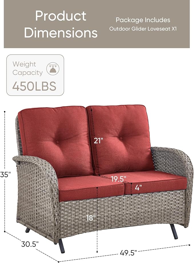 HUMMUH 2-Person Outdoor Glider Bench-All-Weather Wicker Patio Double Swing Rocking Chair Patio Loveseat for Deck Lawn Porch Balcony Poolside-Grey/Red
