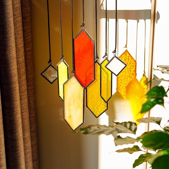 HDCRYSTALGIFTS 7pieces Stained Glass Window Hanging Suncatchers Handcrafted Modern Sunset Glow Design Stained Glass Wall Art Sun Catcher for Home Garden Decoration Reconfigurable