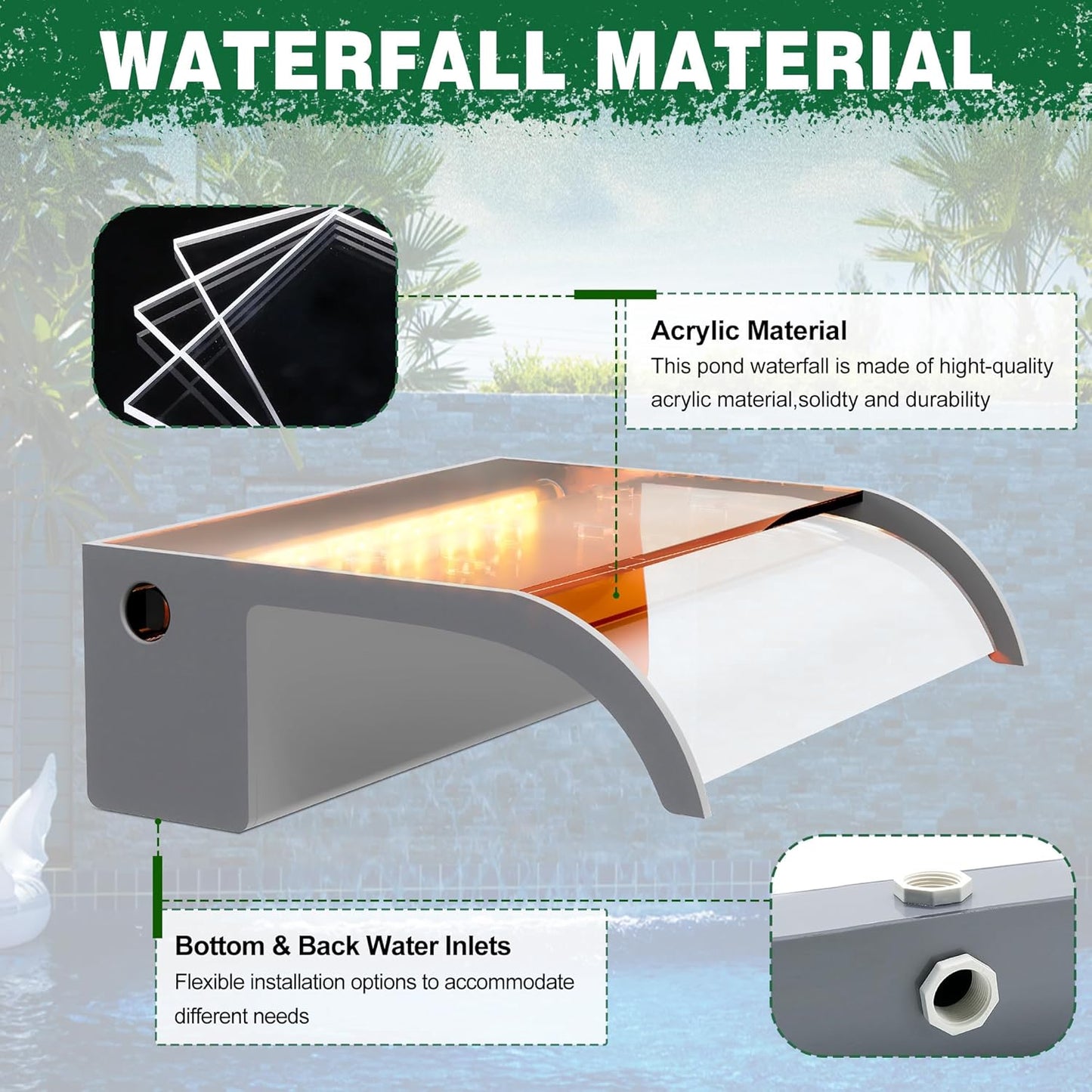 Waterfall Pool Fountain, LONGRUN Acrylic Waterfall Spillway for Pools and Ponds - 11.8" Wide Decorative Water Feature for Swimming Pools, Koi Ponds, and Garden