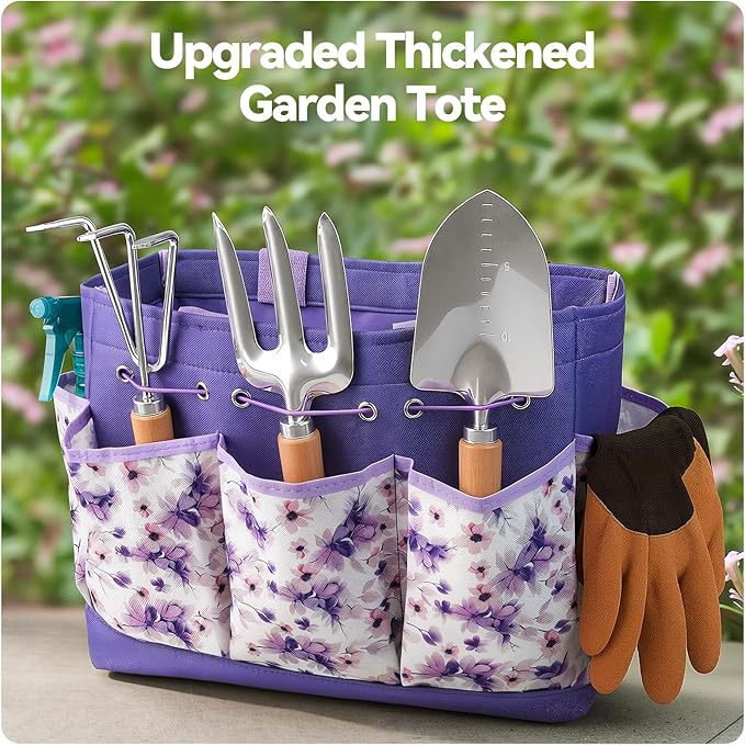 Gardening Tools 9-Piece Heavy Duty Garden Hand Tools with Fashion and Durable Garden Tools Organizer Handbag, Rust-Proof Garden Tool Set, Ideal Gardening Gifts for Women (Purple)