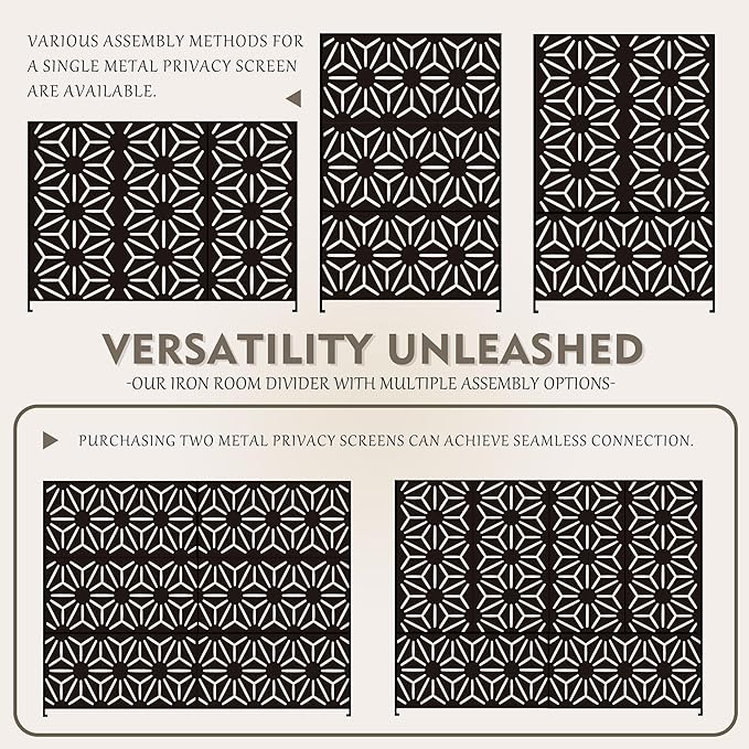 Kozyard Metal Privacy Screen 74" H x 47.2" W Decorative Outdoor Divider with Stand Panels Freestanding Screen Set for Deck Patio Balcony Garden Outdoor&Indoor(Black/Hexagonal Star)