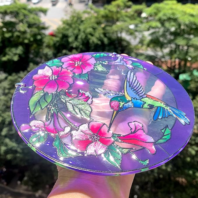 Stained Glass Window Hanging, Hummingbird Gifts for Women, Bird and Flowers Suncatcher for Window, 6" Purple Stained Glass Suncatchers, Hand Painted Glass for Birds Lover (6 inch)