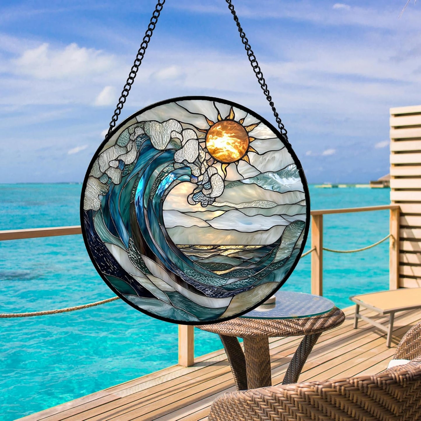 Stained Glass Window Hanging, Blue and White Waves Suncatcher Diamond Glass Panel Landscape Sun Catchers Decor for Birthday for Women, Men, Wife, Aunt, and Mom 14.9x14.9 in