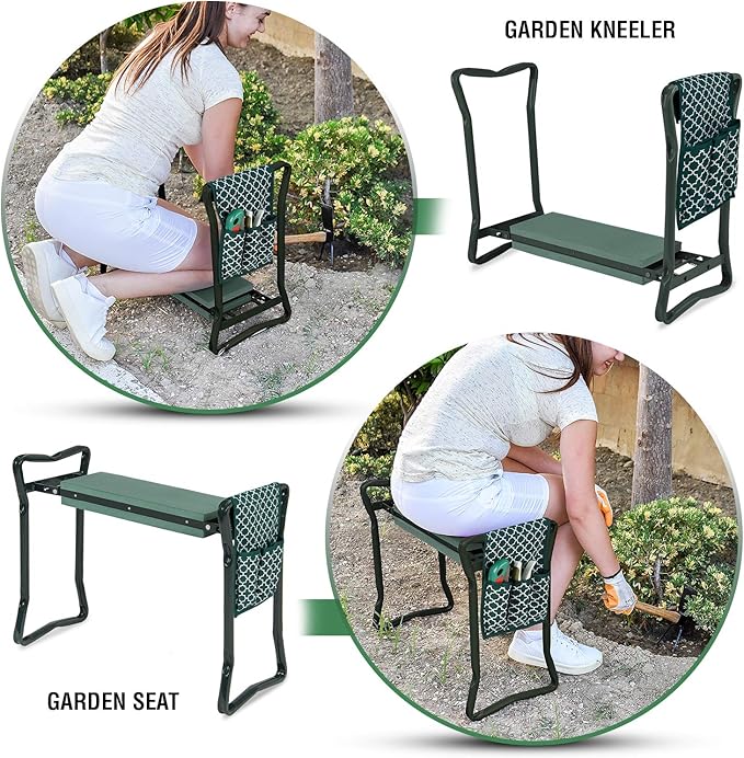 Garden Kneeler And Stool - Foldable Garden Seat For Storage - EVA Foam - Heavy Duty and Lightweight Gardening Yard Tools - Great for Gardening Gifts for Women - Bench Comes With Tool Pouch and Gloves