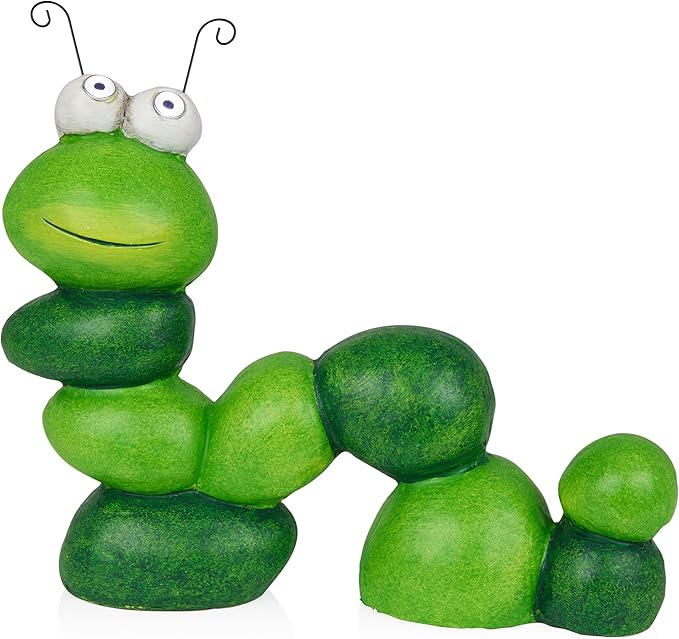 Alpine Corporation YEN608SLR Caterpillar Statue with Light Up Eyes, Solar Powered LED Caterpillar Garden Statue, 16" H, Green