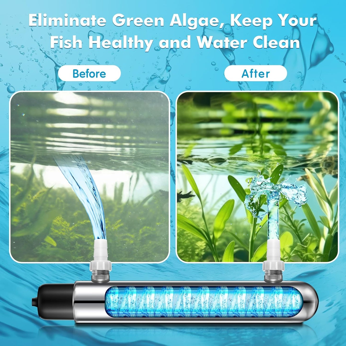 Qualirey 12W UV Lights for Ponds Aquarium Control Cold Plunge UV Light, Stainless Steel UV Filter Aquarium, Aquarium Clarifier Easy to Installation for Aquarium Indoor Outdoor Removal Algae Plant