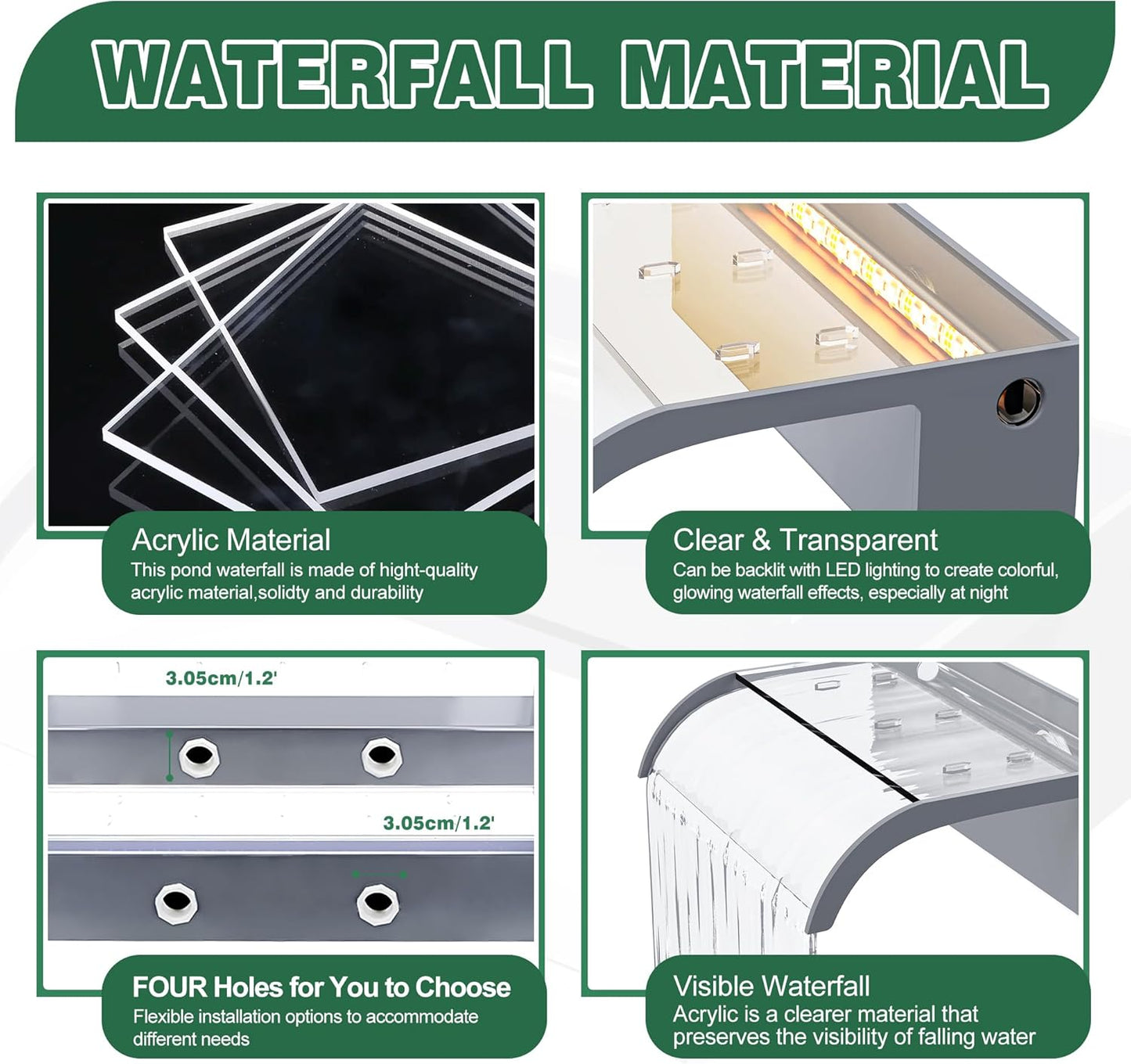 Waterfall Spillway, Clear Acrylic Pool Fountain w/Top Open Lip & Pipe Connector Kits for Outdoor/Indoor Decorative, 35.4'' Pool Water Feature for Garden Patio, Backyard Koi Pond Decor