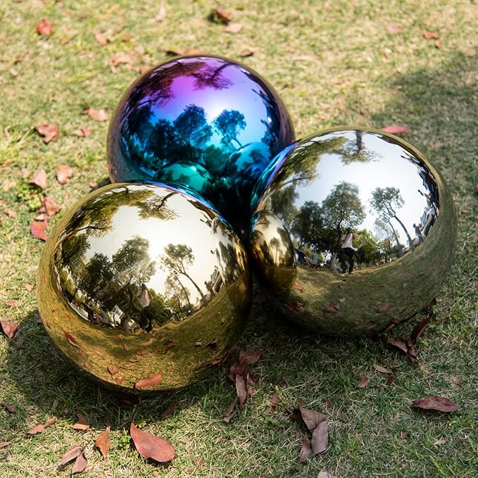 10 Inch Stainless Steel Gazing Globe,v2croft Hollow Ball Mirrored Surface Polished Shiny Sphere,Garden Stainless Steel Gazing Ball for Outdoor Lawn Pond Yard Ornament(rainbow)