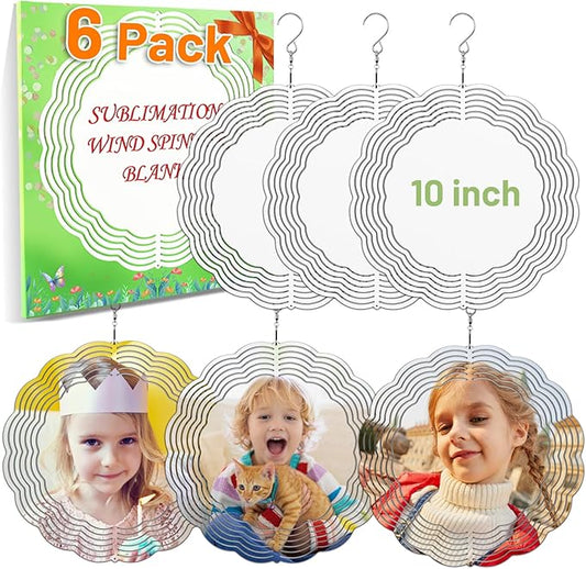 Remiawy Sublimation Wind Spinner Blanks, 6 Pack 10 Inch 3D Aluminum Metal Hanging Wind Spinners Sublimation Blanks Kinetic Sculpture DIY Crafts for Yard Garden Indoor Outdoor Porch Decoration Round