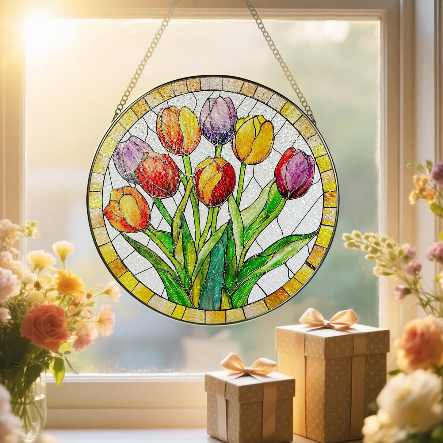 Stained Glass Window Hanging, 8 Inch Tulips Stained Glass Suncatcher, Botanical Lover Gift, Flowers Sun Catcher, Colorful Window Decor, Tulips Housewarming Gifts, Gifts for Mom Her