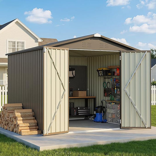 Greesum 8x8FT Outdoor Storage Shed, Utility Tool Shed Metal Storage Garden Shed with Door & Lock for Patio Storage, Brown