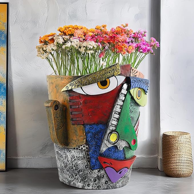Picasso Flower Pot Colorful Face Art Abstract Resin Flower Pot Unique Face Flower Pot Head Planter for Indoor Outdoor Plants Patio Home Art Decoration (Frown)