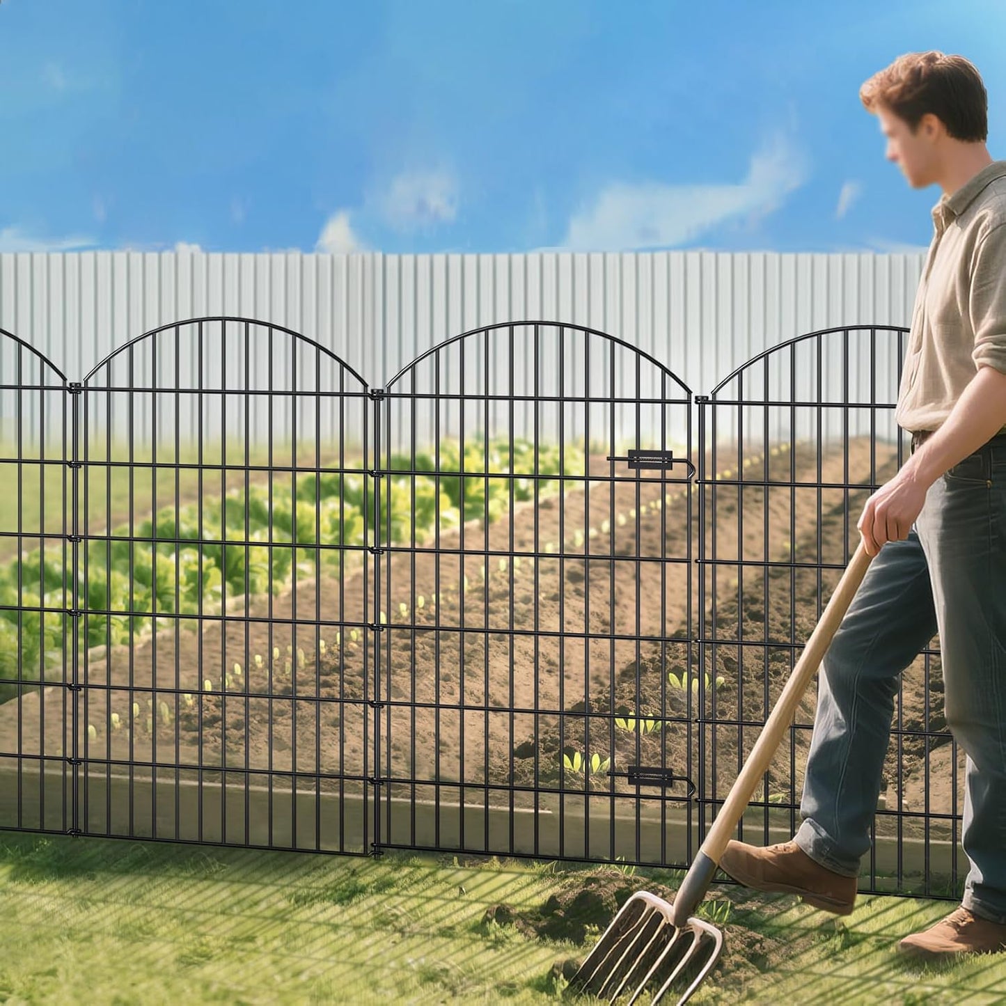 Metal Garden Fence with Gate 48in (H) x 12.7ft (L), 1 Gate+ 4 Panels Dog Fence Border Fences Animal Barrier, No Dig Garden Fencing for Yard Flower Bed Lawn Patio Outdoor, ECG4805G, Black