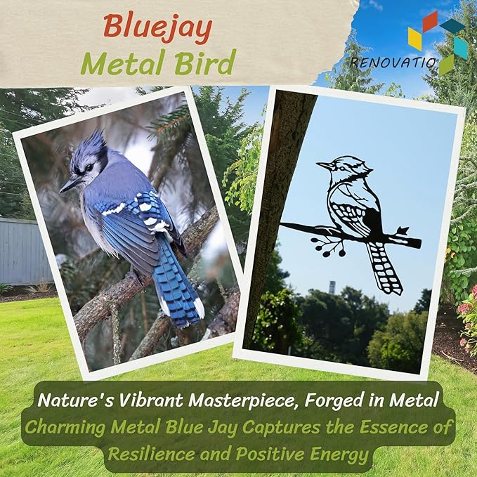 Renovatio Metal Bird Decor – Rustic Bluejay Decoration, Metal Garden Sculpture, Outdoor Tree Ornaments – A Unique Outdoor Yard Decor – Bluejay (Black)