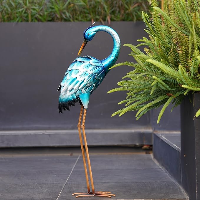 Chisheen Crane Metal Outdoor Blue Heron Sculpture Large Garden Heron Decoy Bird Statue Lawn Ornament for Backyard Pond Patio Porch Outside Decoration