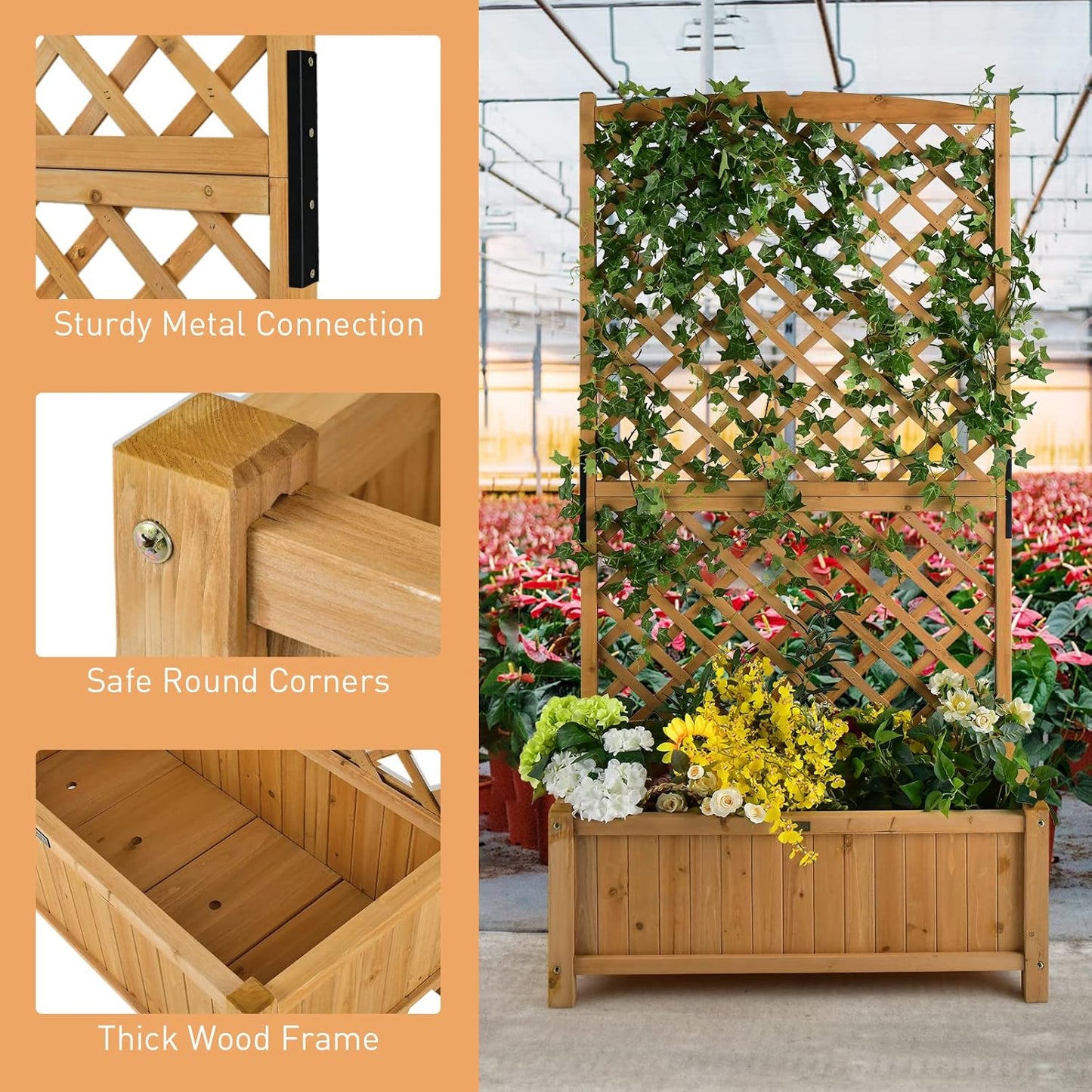 Giantex Planter Raised Bed with Trellis, 71" Wooden Garden Bed, High Trellis for Vine Plant Flower Climbing Pot Hanging, Indoor & Outdoor Planter Box for Yard, Garden, Balcony