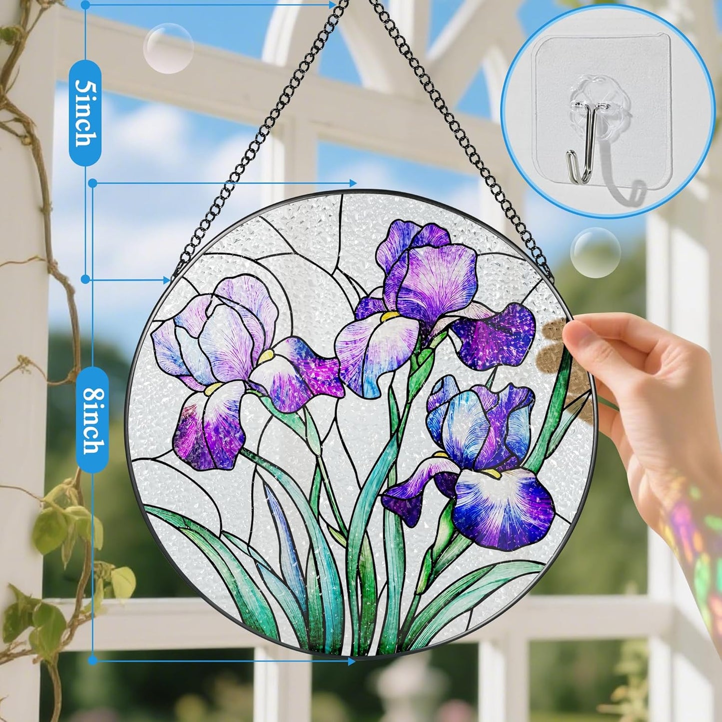 Stained Glass Window Hanging, 8 Inch Purple Irises Stained Glass Suncatcher, Flower Sun Catchers Indoor Window, Iris Flowers Gift, Flower Lovers Gifts, Housewarming Gift, Gifts for Her or Women