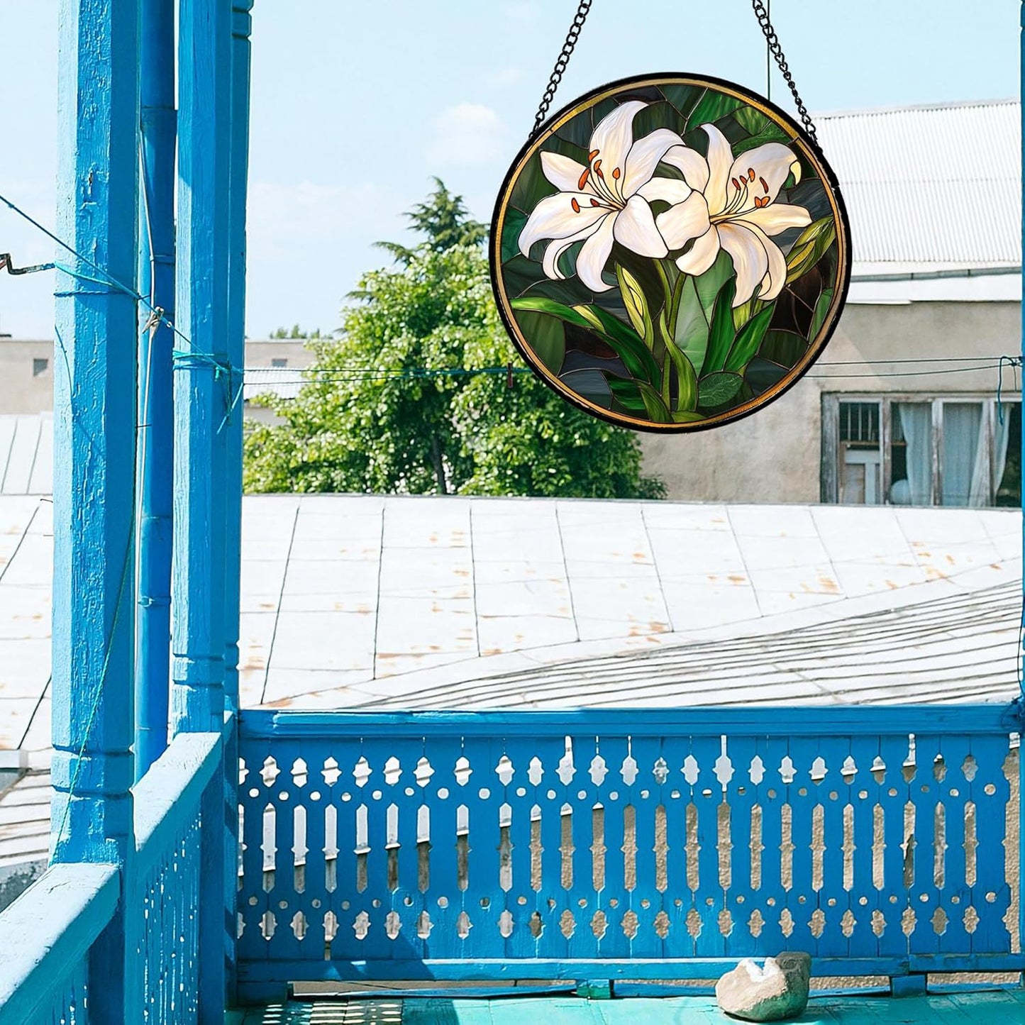 Stained Glass Window Hanging, White Lily Suncatcher for Door Garden Patio Birth Flower Green Plant Sun Catchers Decor Christmas Mother's Day Birthday Gifts for Women Mom Nana Friend 6.3 in